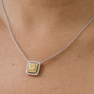 Double Halo Two Tone Round Cut Yellow Sapphire Pendant Wedding Necklace For Women
