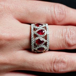 Halo Two Tone Pear Cut Ruby Sapphire Wedding Band For Women