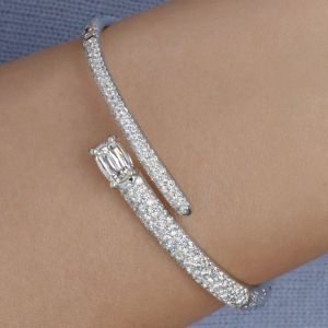 Pave Setting Emerald Cut White Sapphire Bangle Bracelet For Women