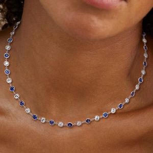 Bezel Round Cut Blue Sapphire Wedding Necklace For Women