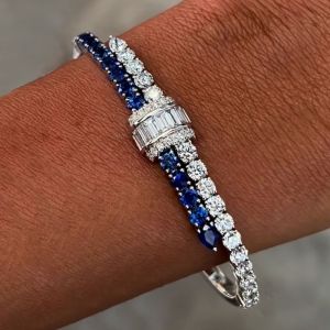 Round Cut Blue Sapphire Bangle Bracelet For Women