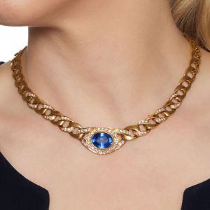 Next Necklace Halo Oval Cut Blue Sapphire Wedding Necklace For Women