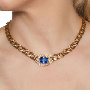 Next Necklace Halo Oval Cut Blue Sapphire Wedding Necklace For Women