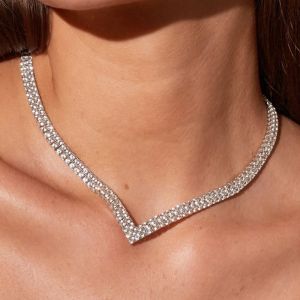 Next Necklace Chevron-V Double Row Round Cut White Sapphire Tennis Wedding Necklace For Women