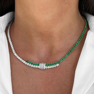 Next Necklace Two Tone Round Cut Emerald Sapphire Tennis Necklace For Women