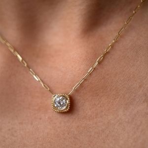 Golden Textured Bezel Round Cut White Sapphire Pendant Necklace For Women