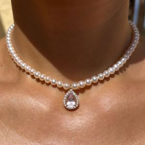 1.44 Ct Halo Gold Pear Cut Pearl & Pink Sapphire Bridal Jewelry Necklace Wedding Necklace For Women