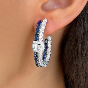 Next Necklace Two Tone Round Cut Blue Sapphire Hoop Earrings For Women