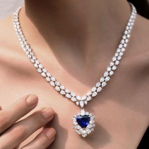 47.03 Ct Heart Cut Blue Sapphire Bridal Jewelry Wedding Necklace For Women