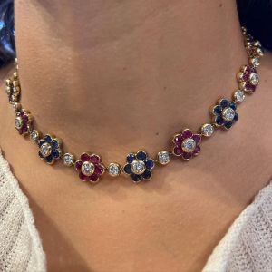 Next Necklace Flower Round Cut Blue & Ruby Sapphire Wedding Necklace For Women 