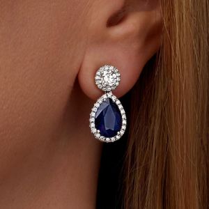 7.54 Ct Halo Pear Cut Blue Sapphire Earrings Bridal Jewelry Drop Earrings For Women