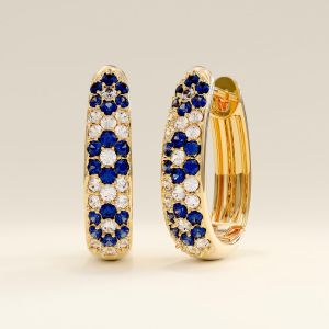 Golden Flower Round Cut Blue Sapphire Hoop Earrings For Women Wedding Jewelry