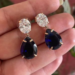 7.4 Ct Golden Oval & Pear Cut White & Blue Sapphire Earrings Bridal Jewelry Drop Earrings For Women 