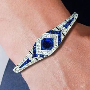 Art Deco Milgrain Halo Asscher Cut Blue Sapphire Bracelet For Women Wedding Jewelry 14.7 Ct