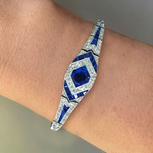 Art Deco Milgrain Halo Asscher Cut Blue Sapphire Bracelet For Women Wedding Jewelry 14.7 Ct 