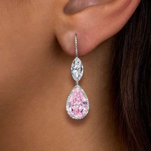 Halo Pear Cut Pink Sapphire Drop Earrings For Women Wedding Jewelry
