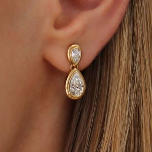 8.5 Ct Bezel Gold Pear Cut White Sapphire Earrings Bridal Jewelry Drop Earrings For Women