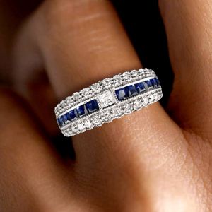 1.56 Ct Princess Cut Blue Sapphire Bridal Jewelry Wedding Band For Women 