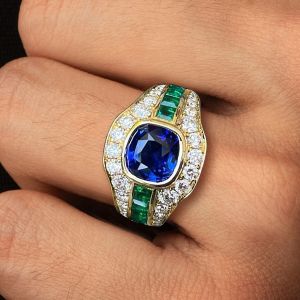 Golden Cushion Cut Blue Sapphire Engagement Ring Wedding Jewelry For Men
