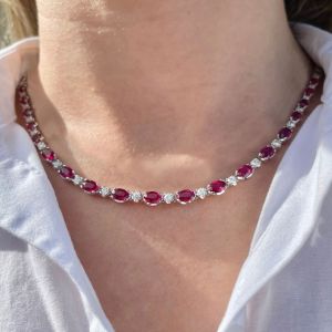 Oval Cut Ruby Sapphire Bridal Jewelry Tennis Wedding Necklace For Women
