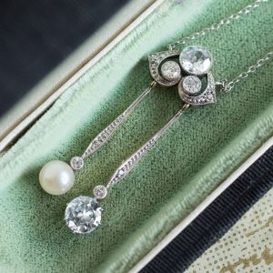 1.58 Ct Milgrain Two Tone Round Cut Pearl & White Sapphire Bridal Jewelry Pendant Necklace For Women 