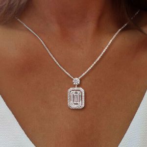 Halo Emerald Cut White Sapphire Pendant Necklace For Women Wedding Jewelry  