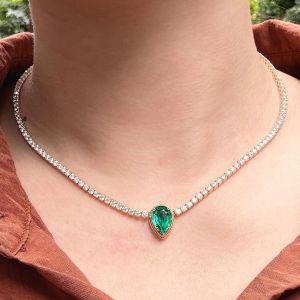 23.77 Ct Golden Pear Cut Emerald Sapphire Bridal Jewelry Tennis Wedding Necklace For Women
