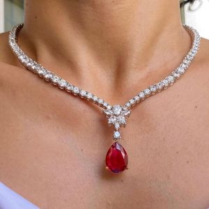 13.5 Ct Two Tone Pear Cut Ruby Sapphire Bridal Jewelry Wedding Necklace For Women