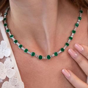 Emerald Cut Emerald Sapphire Tennis Wedding Necklace For Women Wedding Jewelry 42.4 Ct 