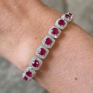 11 Ct Halo Cushion Cut Ruby Sapphire Bracelet Bridal Jewelry For Women
