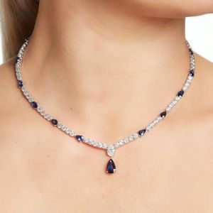 Pear Cut Blue Sapphire Wedding Necklace For Women Wedding Jewelry 25.27 Ct 