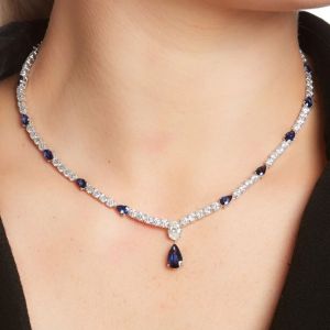 25.27 Ct Pear Cut Blue Sapphire Bridal Jewelry Wedding Necklace For Women 