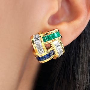 2.5 Ct Golden Emerald Cut Emerald & Blue Sapphire Earrings Basket Weave Earrings Bridal Jewelry Stud Earrings For Women 