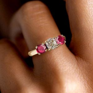 1.3 Ct Golden Three Stone Cushion Cut Ruby Sapphire Bridal Jewelry Engagement Ring For Women 