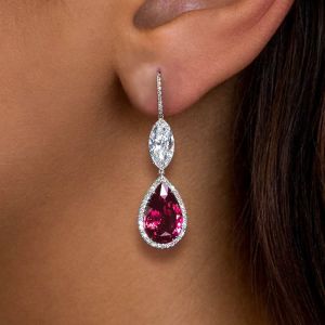 4.39 Ct Halo Pear Cut Ruby Sapphire Drop Earrings Bridal Jewelry For Women