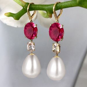 5 Ct Golden Oval Cut Pearl & Ruby Sapphire Drop Earrings Bridal Jewelry For Women