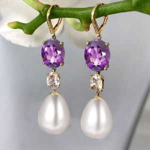 5 Ct Golden Oval Cut Pearl & Amethyst Sapphire Drop Earrings Bridal Jewelry For Women