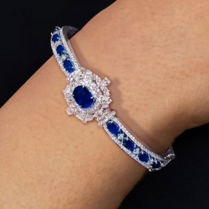 Double Halo Oval Cut Blue Sapphire Bracelet For Women