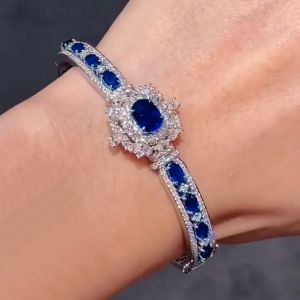 Double Halo Oval Cut Blue Sapphire Bracelet For Women
