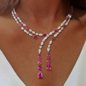 29.8 Ct Layer Design Pear Cut Ruby Sapphire Lariat Necklace Wedding Necklace For Women