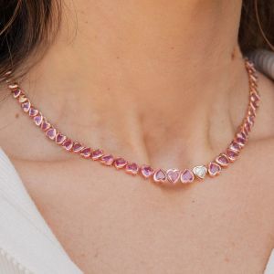 12.5 Ct Rose Gold Heart Cut Pink Sapphire Bridal Jewelry Tennis Wedding Necklace For Women 