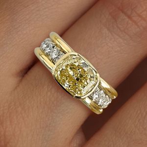 Two Tone Bezel Cushion Cut Yellow Sapphire Engagement Ring For Women Wedding Jewelry 3.46 Ct 