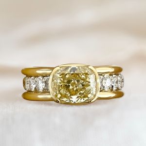 Two Tone Bezel Cushion Cut Yellow Sapphire Engagement Ring For Women Wedding Jewelry 3.46 Ct 