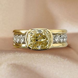 Two Tone Bezel Cushion Cut Yellow Sapphire Engagement Ring For Women Wedding Jewelry 3.46 Ct 