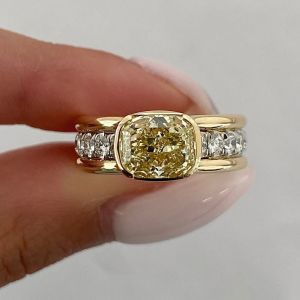 3.46 Ct Two Tone Bezel Cushion Cut Yellow Sapphire Bridal Jewelry Engagement Ring For Women  