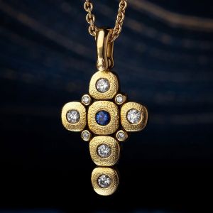 Bezel Golden Round Cut Blue Sapphire Cross Pendants Necklace For Men