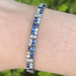 Art Deco Milgrain Asscher Cut Blue Sapphire Wedding Jewelry Tennis Bracelets For Women 7.02 Ct 