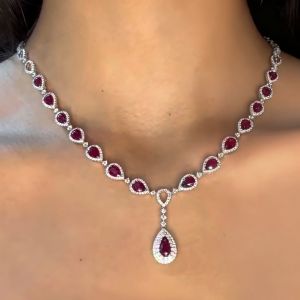 Double Halo Pear Cut Ruby Sapphire Lariat Necklace Wedding Necklace For Women