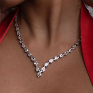 Chevron-V Pear Cut White Sapphire Bridal Jewelry Tennis Necklace Wedding Necklace For Women