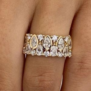 Half Eternity Gold Bezel Pear Cut White Sapphire Bridal Jewelry Wedding Band For Women 